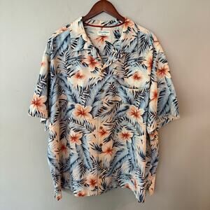 Caribbean Pure Silk Hawaiian Button Up Shirt Mens 3X Vacation Tropical Blue Pink